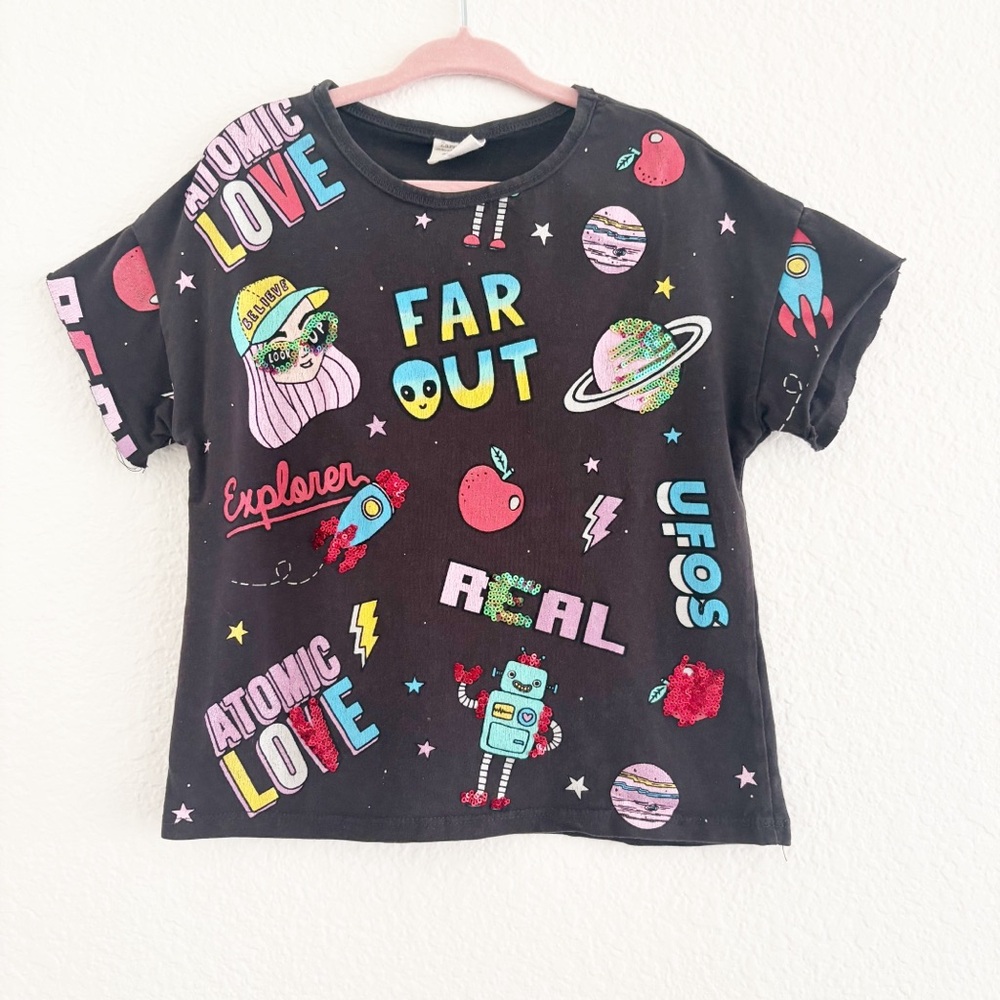 Zara All Over Print Black Short Sleeve Space Robot Sequin Graphic Tee Size 6